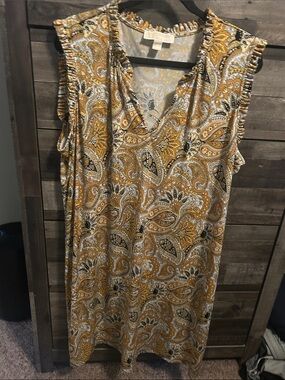 2X Michael Kors Sleeveless Paisley Shift Dress in Mustard and Ivory